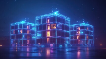 Obraz premium Futuristic glowing apartment building at night