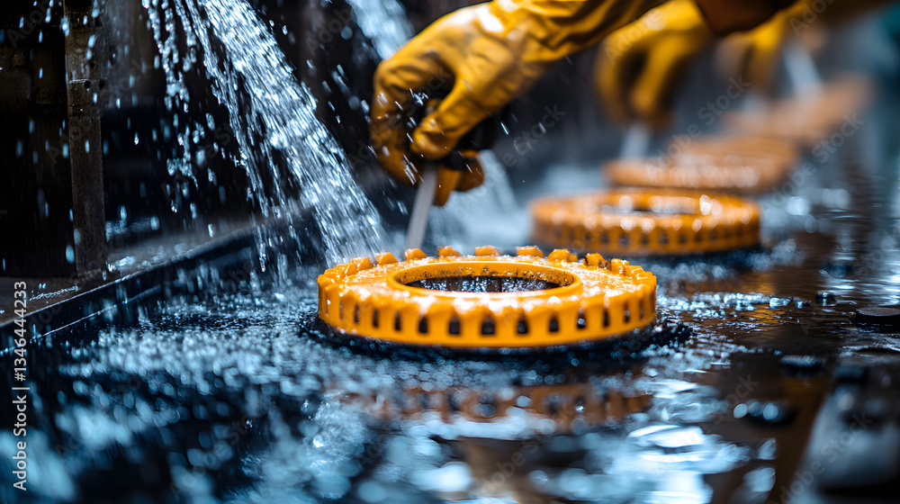 Poster a close-up of a worker in yellow gloves cleaning circular components under a stream of water, highli