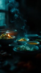 Steaming Bowls of Noodles with Asian Cuisine in Dark Setting