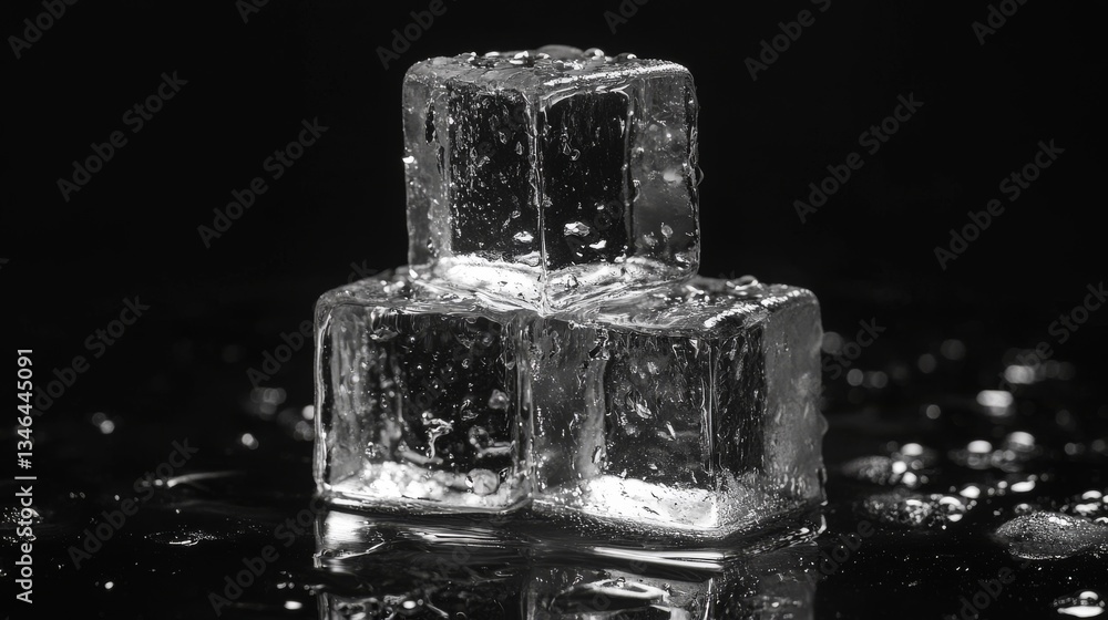 Poster high-contrast black and white image of three stacked ice cubes, emphasizing texture, water droplets,