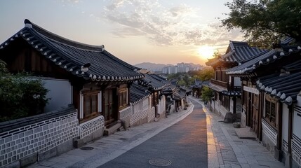 Fototapeta premium Sunset over traditional hanok village bukchon south korea photography serene atmosphere scenic view