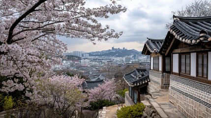 Fototapeta premium Cherry blossom festival bukchon hanok village scenic view spring panoramic cultural heritage