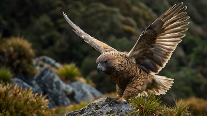 Fototapeta premium Kea Bird Landing with Open Wings on Rock in New Zealand