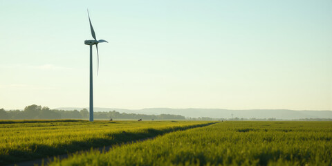Obraz premium A single windmill in a vast green field under a clear pale blue sky, with soft lighting creating a peaceful