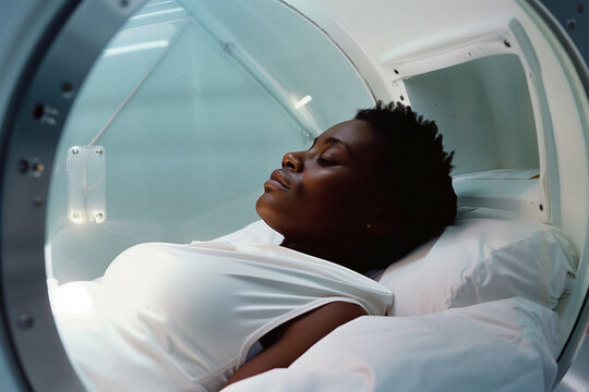 Hyperbaric oxygen therapy for promoting wound healing and enhancing longevity. Patient undergoing HBOT treatment for skin rejuvenation