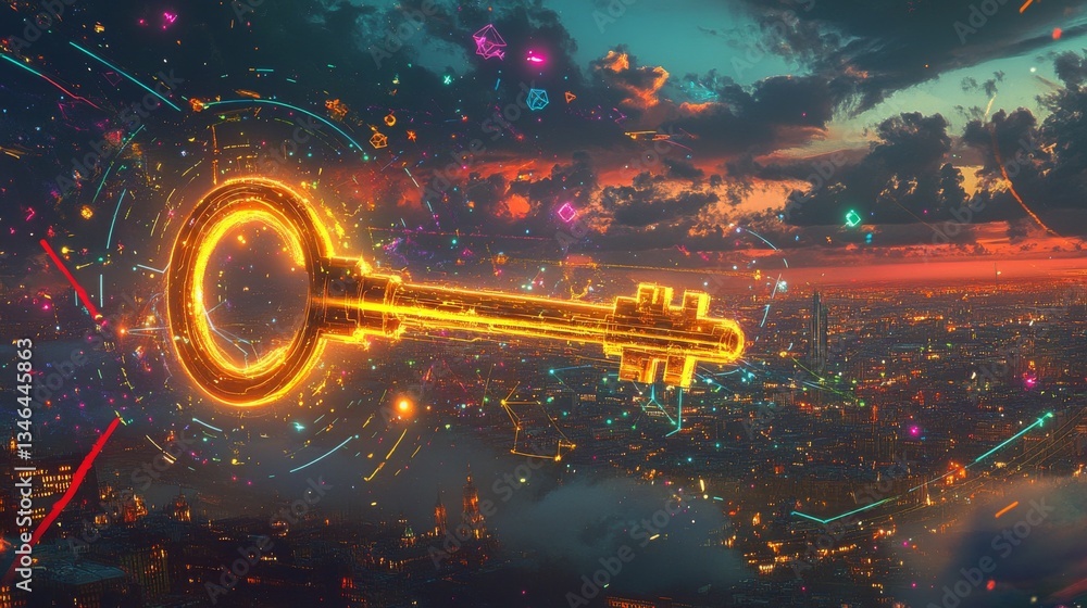 Poster a vibrant golden key glowing over a digital city skyline at sunset with dynamic colorful elements an