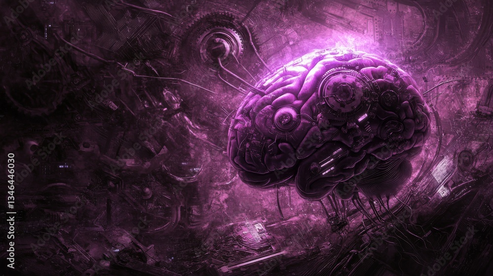 Poster a surreal digital illustration of a glowing purple brain enhanced with mechanical gears, surrounded 