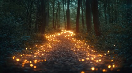 Fototapeta premium Enchanting glowing path through dark forest