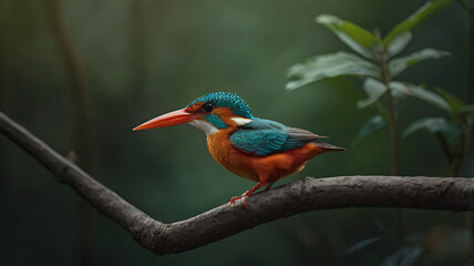 Obraz premium Kingfisher Bird Perched on Branch with Teal and Orange Plumage
