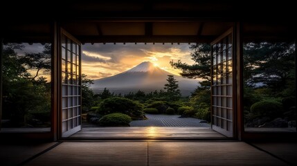 Obraz premium Majestic sunrise over mount fuji japanese garden landscape photography tranquil environment scenic viewpoint