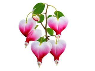 Detailed close up of bleeding heart flowers on a delicate stem plant