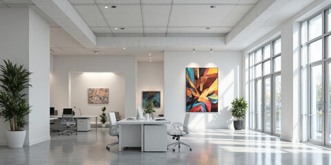 Contemporary art gallery-style office with white desks, minimalist furniture, and accent lighting on artwork. Task lighting focuses on the work