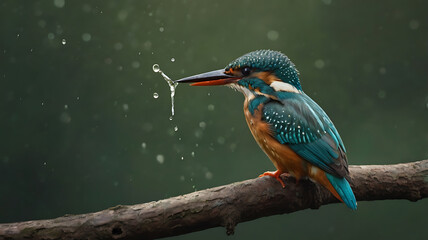 Fototapeta premium Kingfisher Perched on Branch with Water Droplets From Beak on Rainy Day