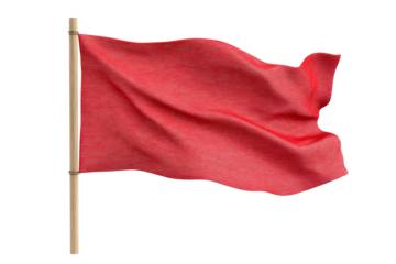 Red fabric flag waving in the wind on a wooden pole
