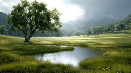 Obraz premium A tranquil landscape scene featuring a large tree and a pond