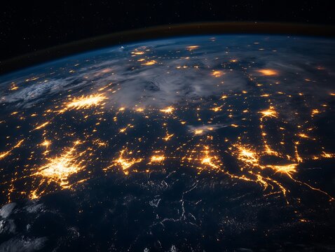 Earth at night showcasing city lights and atmospheric clouds from space