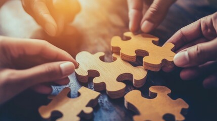 People are connecting jigsaw puzzle pieces with their hands together