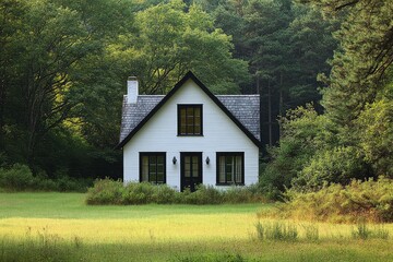 Obraz premium Charming white cottage with black trim surrounded by tall trees, set in green grass, captured in bright, airy real estate photography.