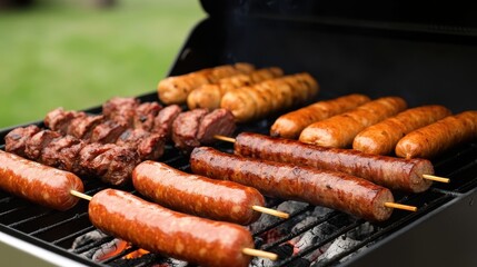 Delicious outdoor barbecue featuring skewered beef, pork, and spicy sausages sizzling on the grill.
