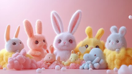 Fototapeta premium Pastel bunnies cuddling, pink background, fluffy scene, Easter greeting card