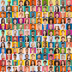 Quadrat Collage aus bunten Portraits von Menschen in vielen Berufen