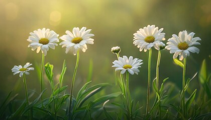 Fototapeta premium Several white daisies growing in lush green grassy fields
