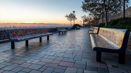 Serene sunset view at scenic park urban landscape vibrant benches tranquil atmosphere panoramic perspective