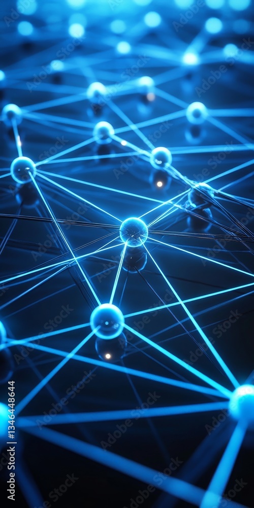 Poster abstract network of glowing blue orbs, interconnected by radiant lines, visualizing data connections