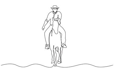 Single continuous line drawing of young professional horseback rider walking with a horse, Single Line Drawing Style with Editable Stroke.
