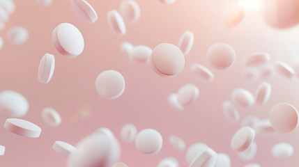 pink tablets flowing in air