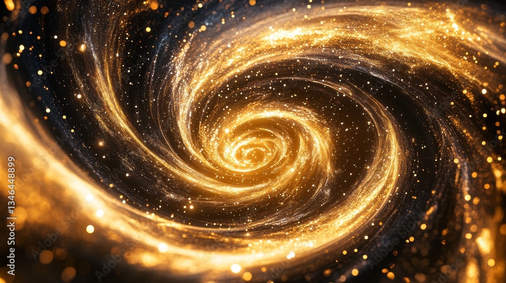 Poster a mesmerizing digital image of a luminous golden spiral swirling against a backdrop of countless glo