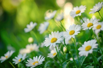Fototapeta premium Beautiful white daisies with yellow centers and green stems are blooming
