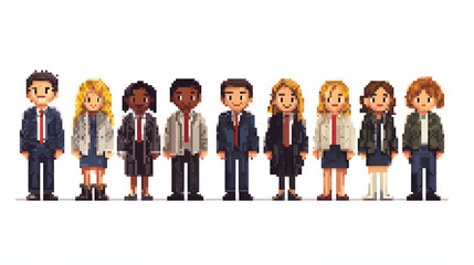  8-bit pixel art of business people smiling and standing