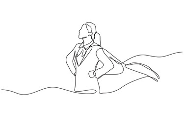 Continuous single one line drawing of standing business super hero woman, Single continuous line drawing businesswoman, Superhero tearing shirt and wearing costume.
