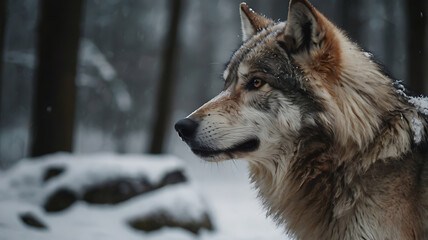 Obraz premium Lone Wolf Portrait in Snowy Forest During Winter with Intense Gaze