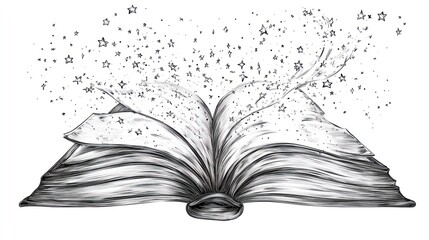 Magical open book, stars, fantasy, white background, storybook illustration