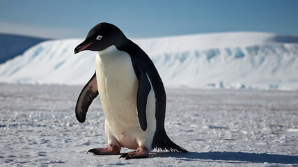 Lone Adelie Penguin Walking on Snowy Landscape in Antarctica on Sunny Day