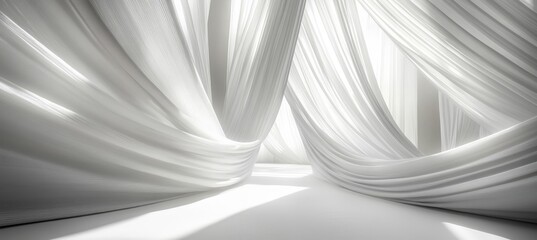 Abstract White Flowing Fabric Waves Background, Stream Lines Of Material, Minimalist Elegant Design