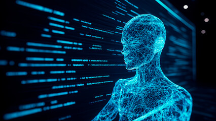 human from neural connections and digital computer code, silhouette of a man. concept of humanity artificial intelligence. Generative Ai