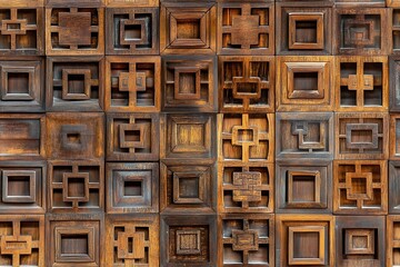 A wall made of Chinese wooden doors, arranged in an artistic seamless pattern