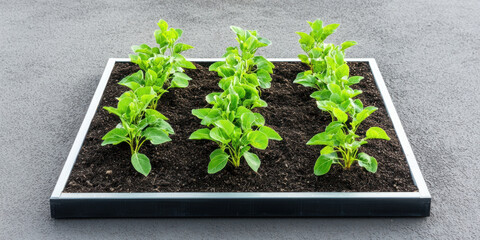 small urban garden with vibrant green plants in neat rows on dark soil