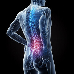 3d rendered illustration of a human body anatomy. 3D render of a transparent human body with a glowing spine highlights lower back pain.