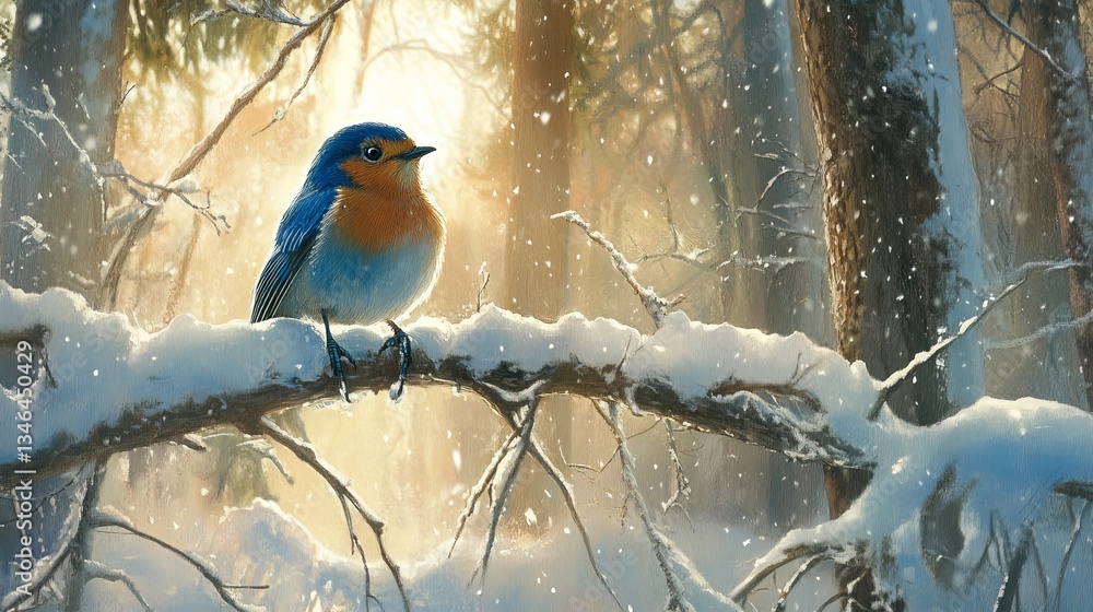 Poster a bluebird perched delicately on a snowy branch in a peaceful winter forest. warm sunlight filters t