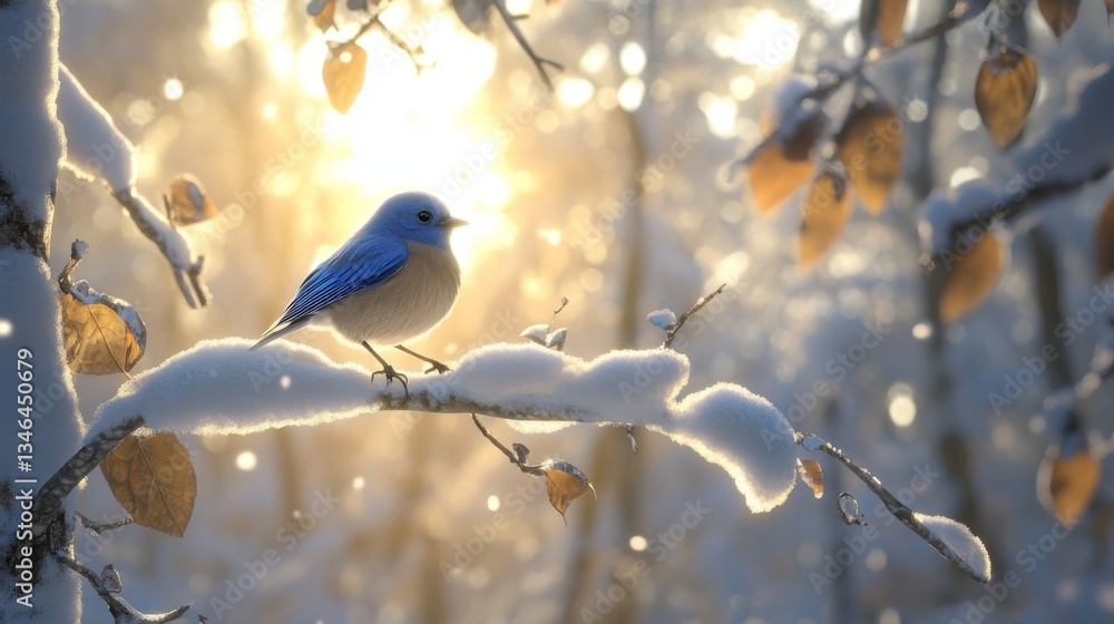 Poster a vivid bluebird resting on a snow-covered branch during sunrise. the golden light filters through f