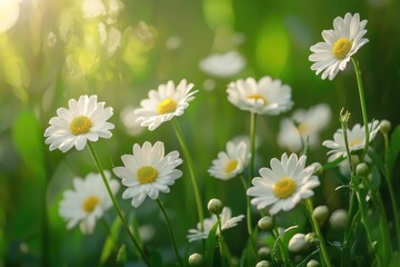 Fototapeta premium Beautiful white daisies growing in a vibrant green garden setting