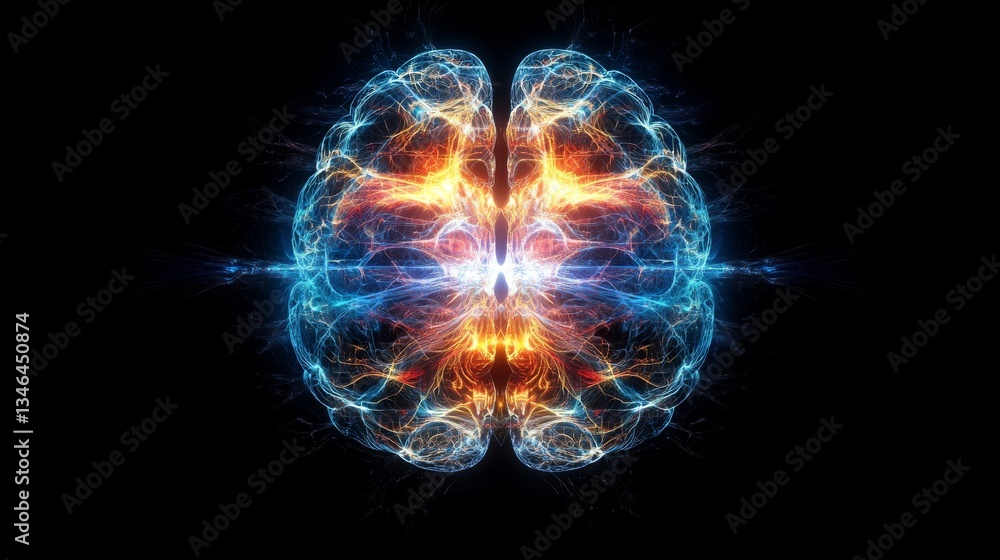 Poster a symmetrical view of a brain illuminated by blue and orange electric lights, symbolizing duality, b