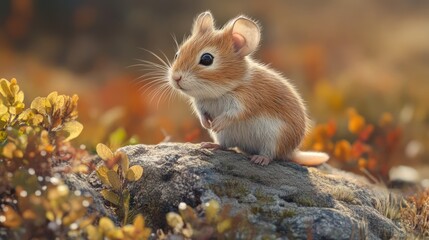 Cute mouse posing on rock, autumn meadow background, nature scene, pet illustration