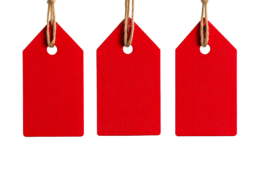 Bright red price tags hanging with twine on transparent background
