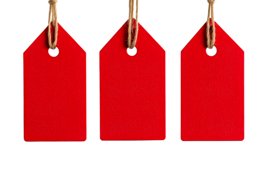 Bright red price tags hanging with twine on transparent background