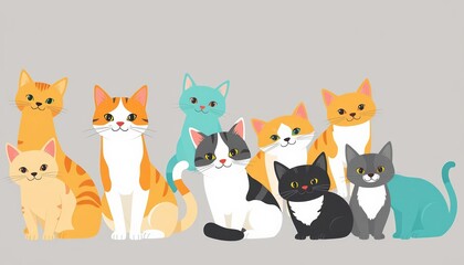 Seamless colorful cat breed pattern, flat vector illustration Cute, funny domestic animals on gray background, colored, surface
